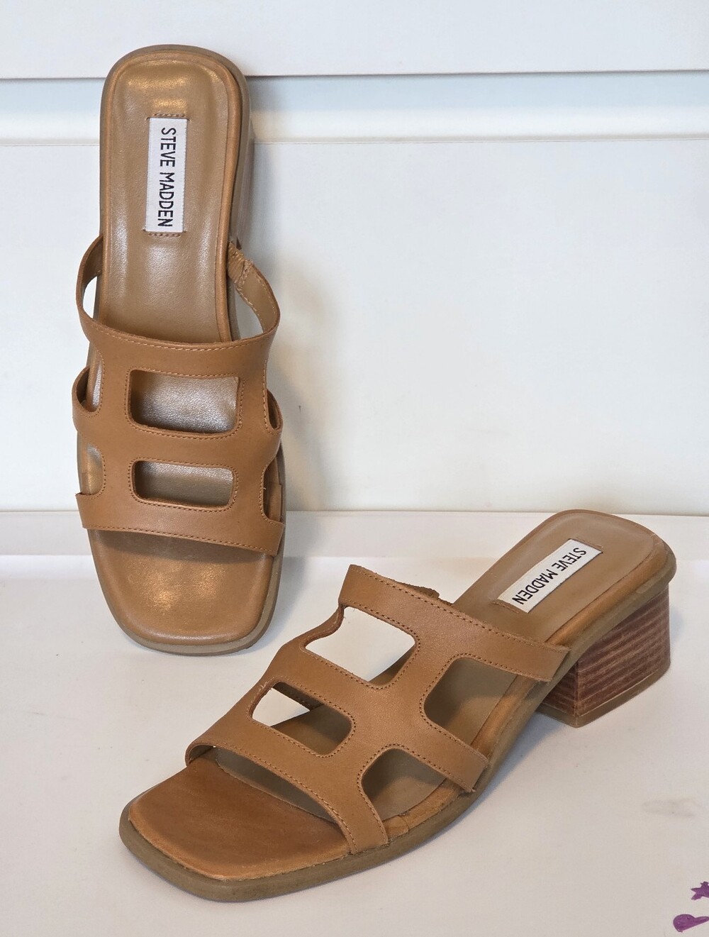 Steve Madden Tan Geometric Cutout Faux Wood Block Heel Slide Sandals Sz 8